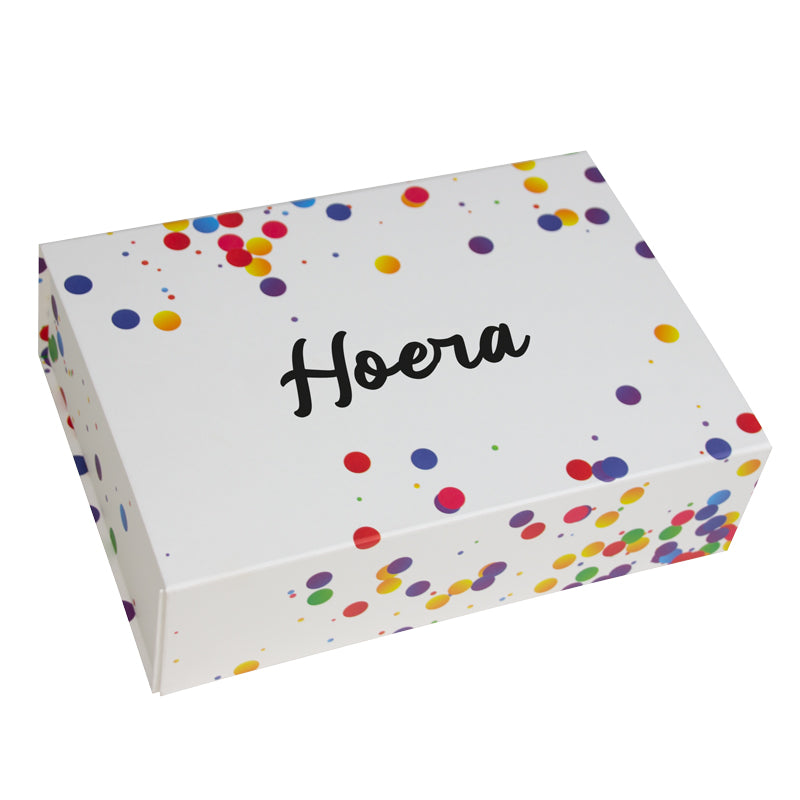 Magneetdozen confetti Hoera