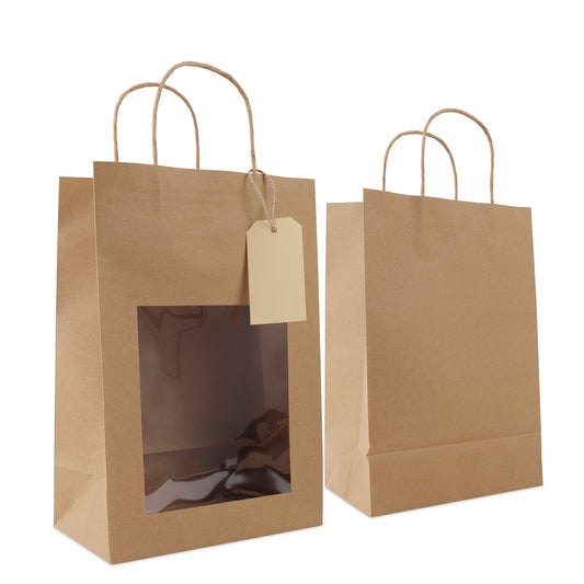 Papieren cadeautasjes twisted met venster en hangtag